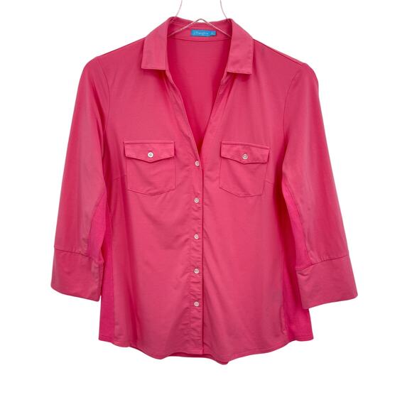 J. McLaughlin Brynn blouse women's M button front stretch 3/4 sleeve pink - Picture 1 of 7